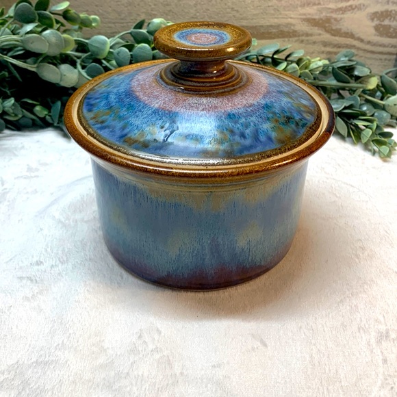 Sunset Canyon pottery blue pink crock Turrine lidded bowl butter - Picture 1 of 9
